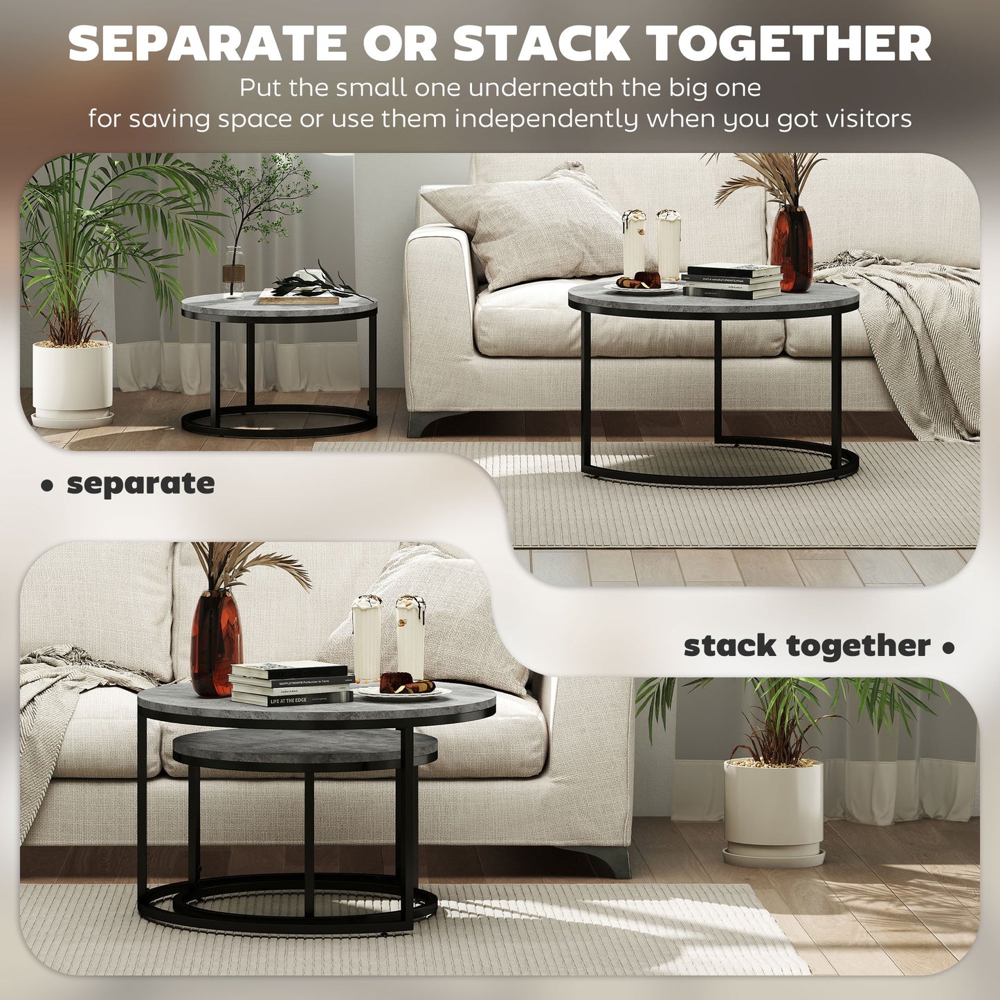 Faline Metal And Wood Grey And Black Set Of 2 Marble Effect Nesting Tables