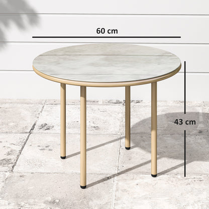 Bake Steel Beige Round Side Table With Faux Marble Glass Top