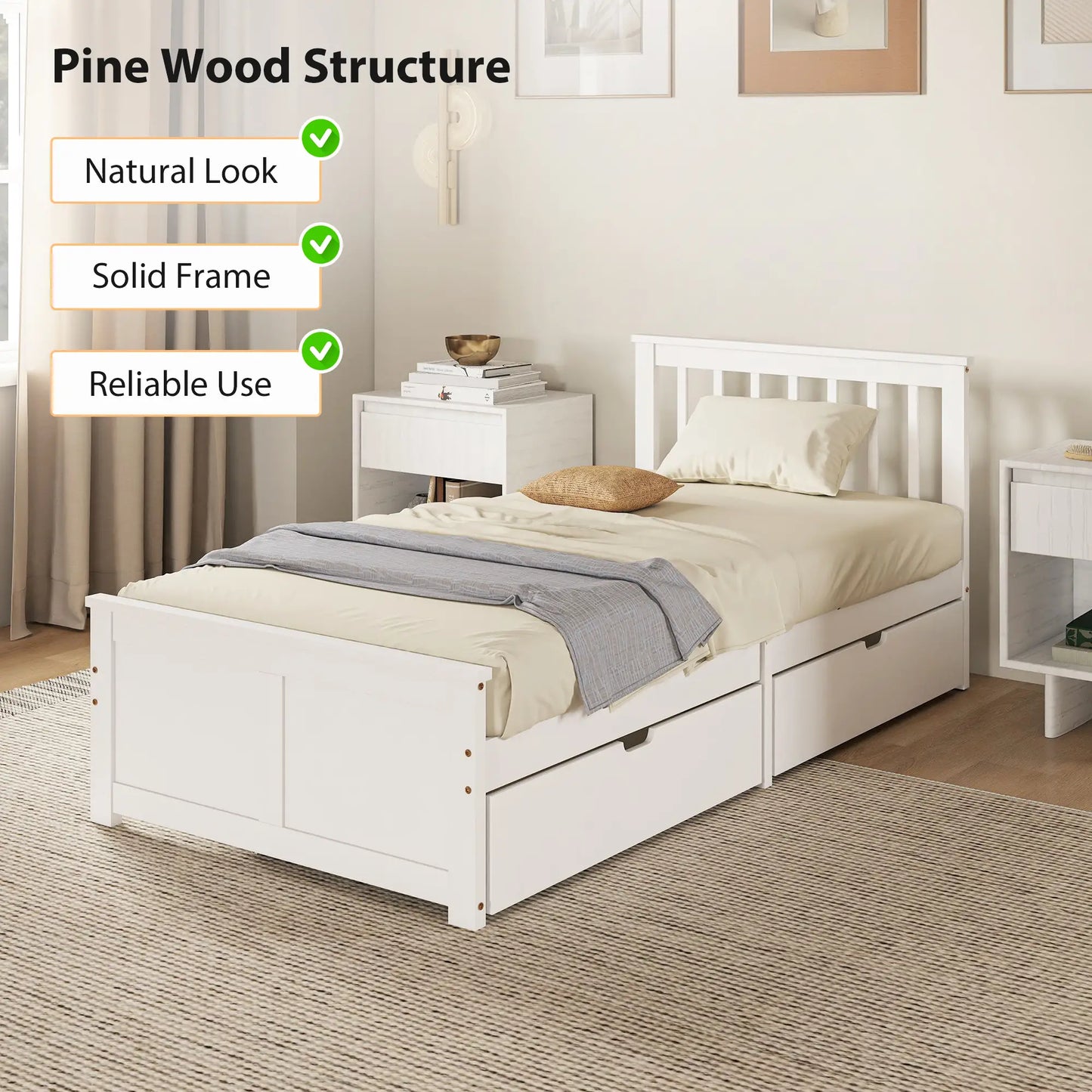 Sutton White Wooden Single Bed Frame 2 Integrated Storage Drawers