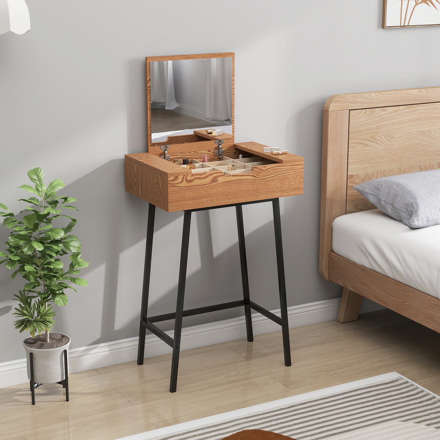 Fino Leri Natural Wood Industrial Vanity Desk With Flip Up Mirror And 6teen Storage Compartments
