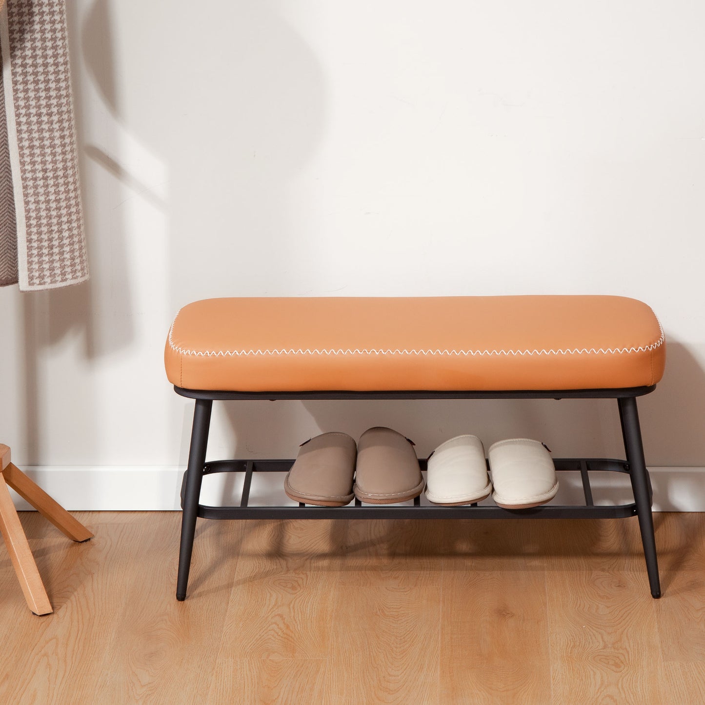 Elbani Faux Leather Orange Shoe Storage Bench With Cushioned Seat