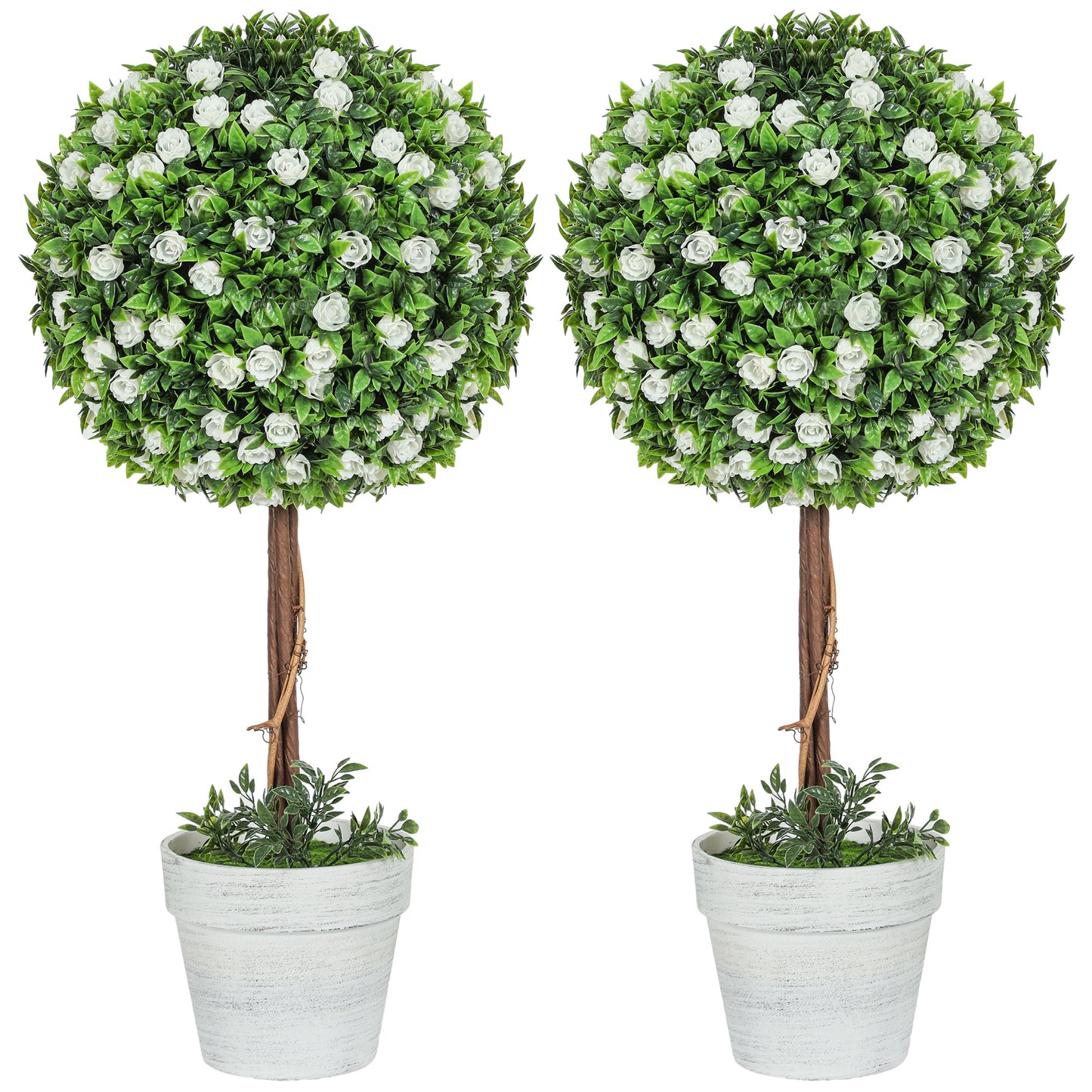 Rahafi Set Of 2 Artificial Rose Flower Topiary Ball Trees In Pots H8 60cm White