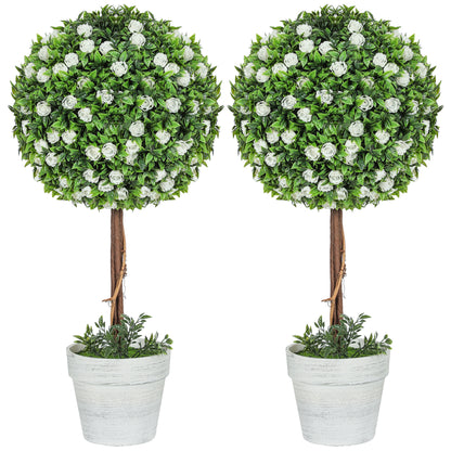 Rahafi Set Of 2 Artificial Rose Flower Topiary Ball Trees In Pots H8 60cm White