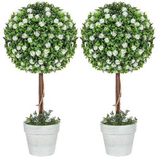 Rahafi Set Of 2 Artificial Rose Flower Topiary Ball Trees In Pots H8 60cm White
