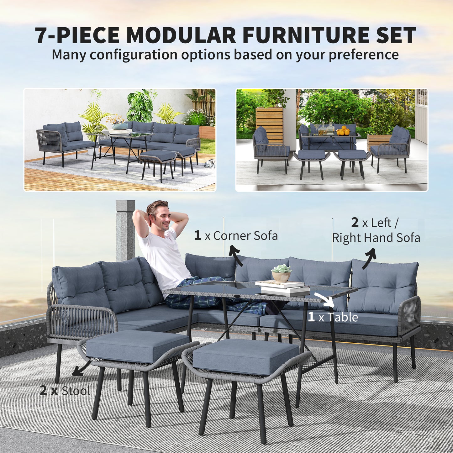 Relu Rattan Grey 8 Seater Outdoor Corner Sofa Set With Glass Top Table