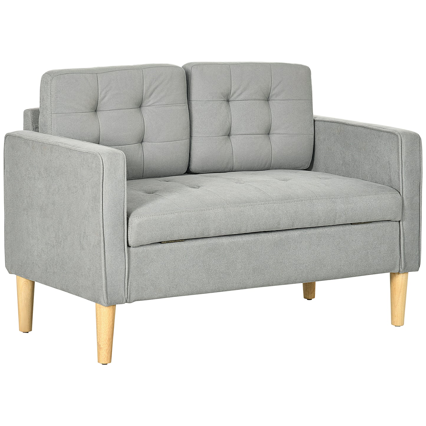 Pamo Fabric Light Grey Compact 2 Seater Sofa With Hidden Storage Tufted Seat And Wooden Legs