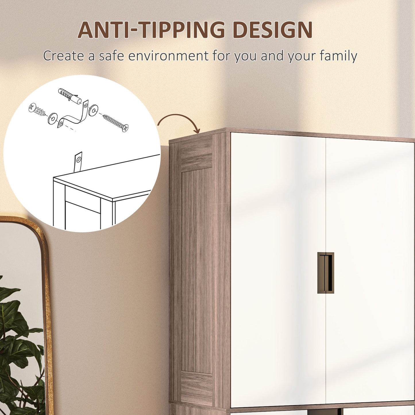 Coracasa White And Brown 2 Door Wardrobe With Hanging Rail and 3 Drawer Storage Unit