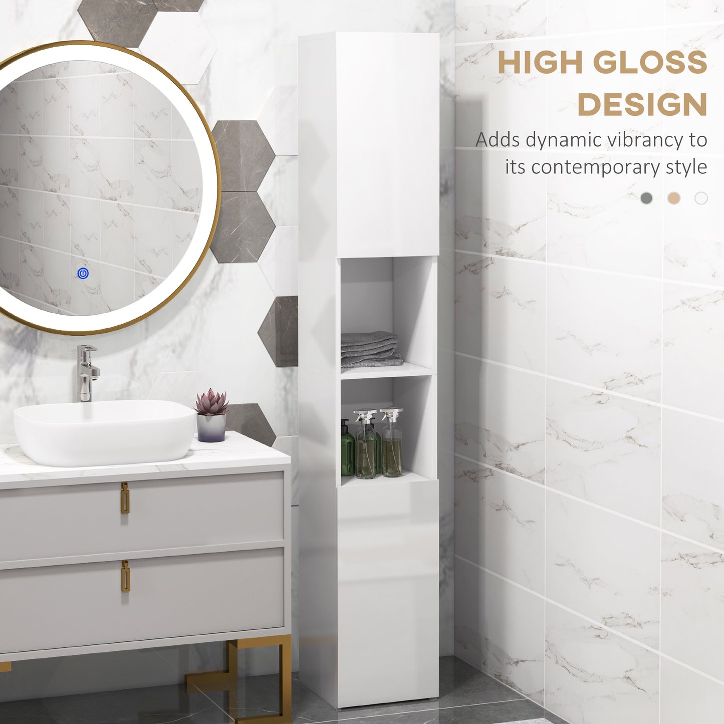 Yoco High Gloss White Freestanding Bathroom Storage Cabinet With Doors And Adjustable Shelves