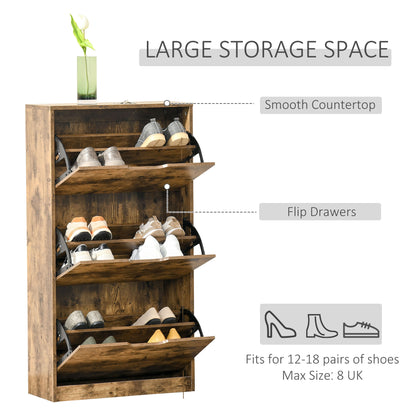 Virare Wooden Rustic Brown Industrial Shoe Cabinet With 3 Flip Drawers For 18 Pairs