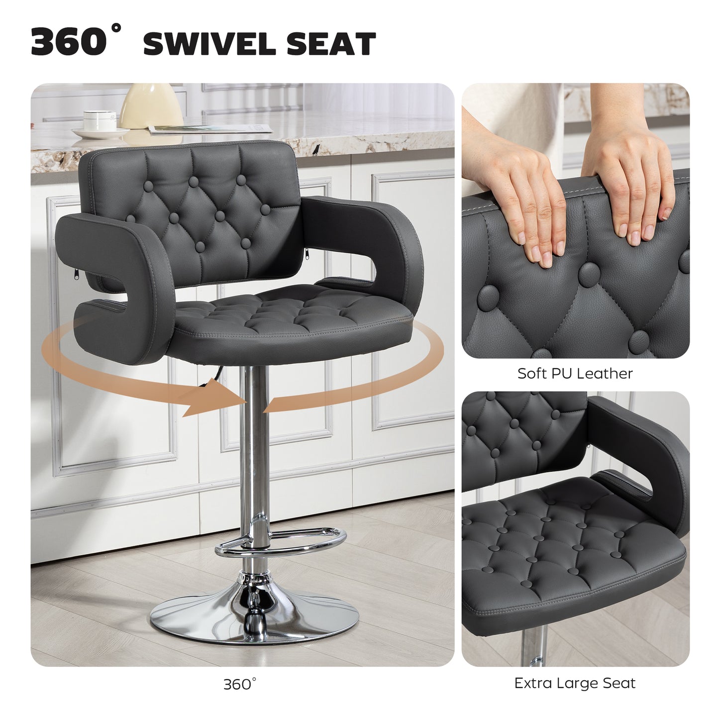 Sacorte Grey Faux Leather Adjustable Swivel Bar Stool With Armrests