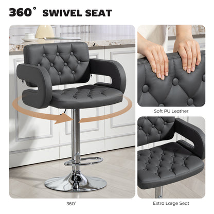 Sacorte Grey Faux Leather Adjustable Swivel Bar Stool With Armrests
