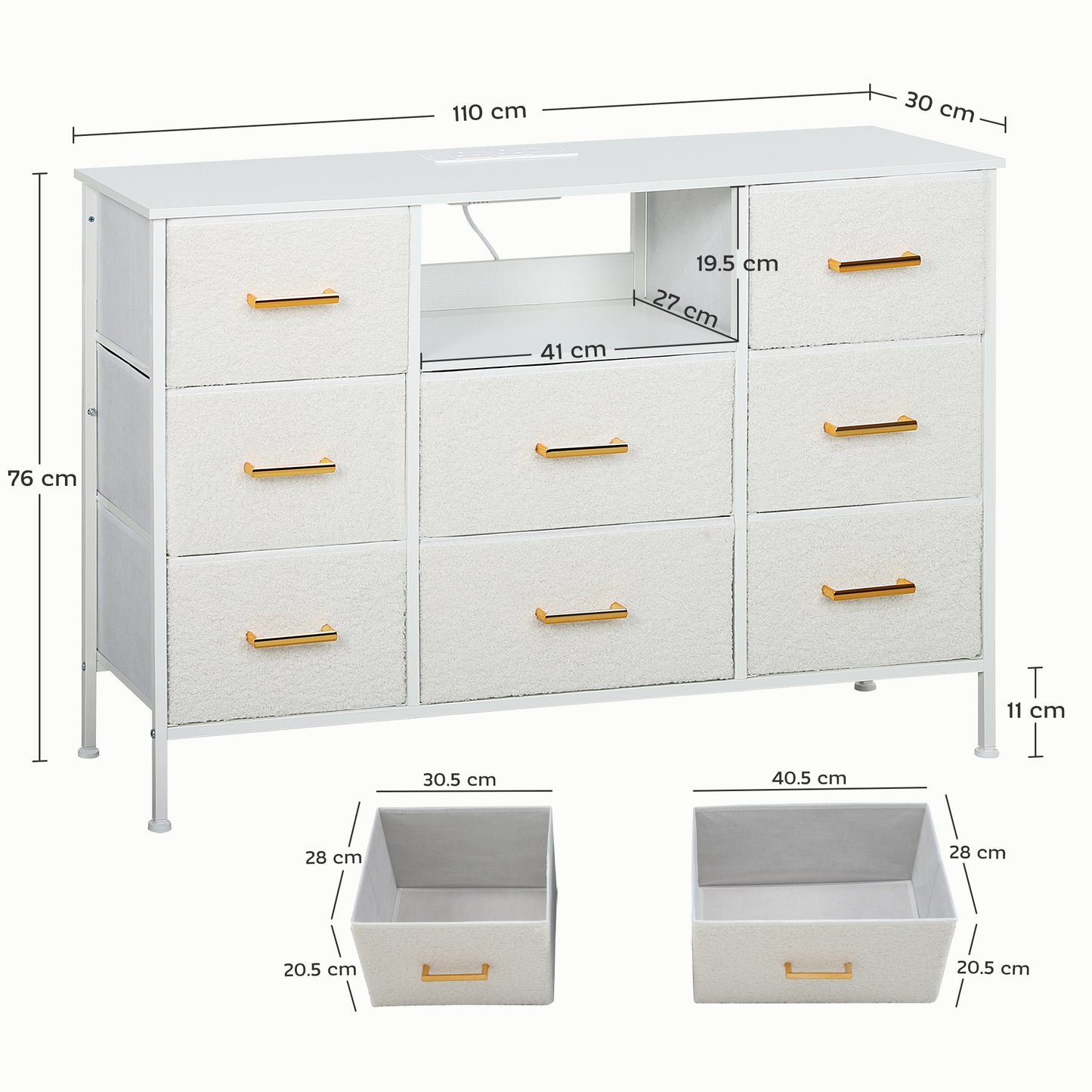 Haso Metal And Fabric Cream White 8 Drawer Boucle Storage Chest With Charging Station