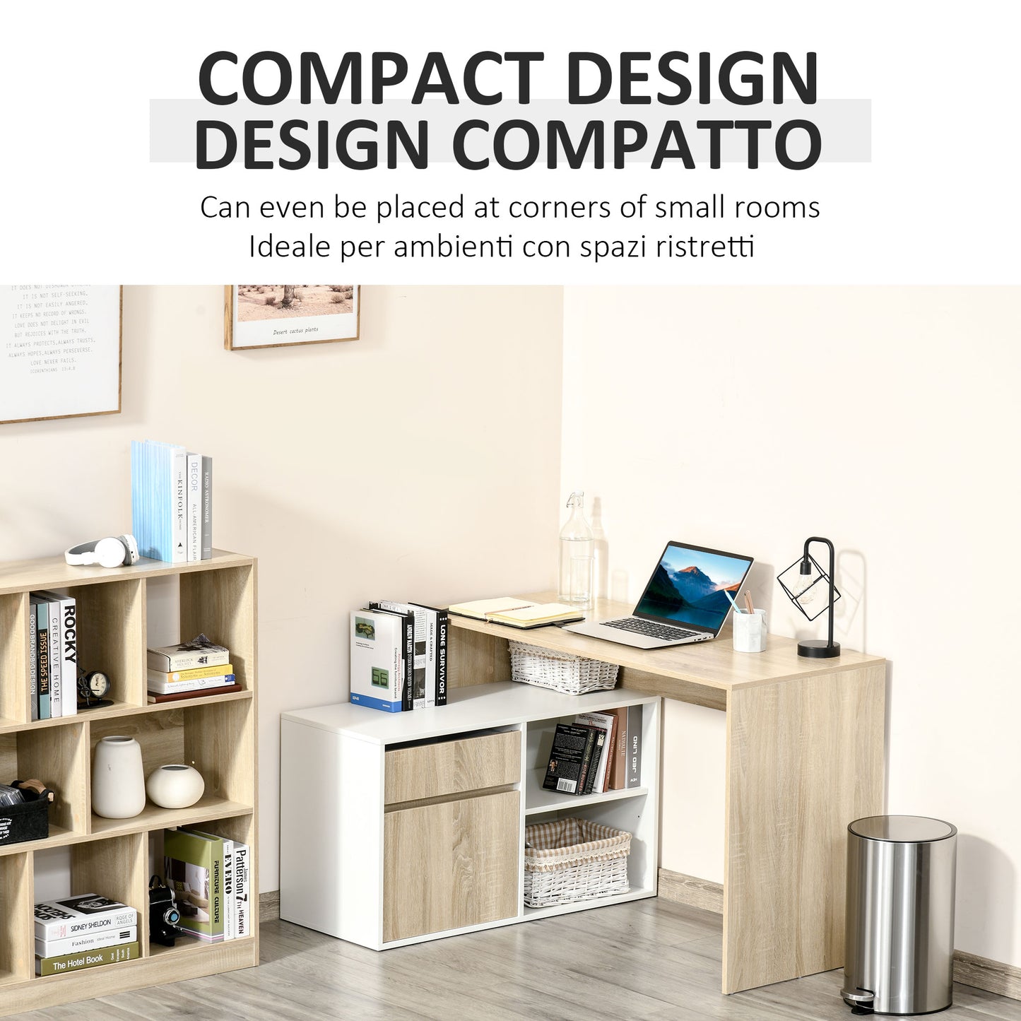 Kavi 120cm Wooden Oak And White L Shaped Desk With Drawer Shelving And Storage Cabinetm