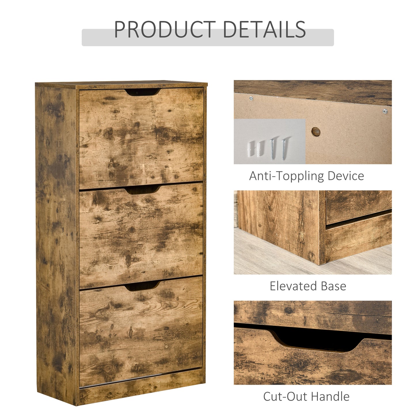 Virare Wooden Rustic Brown Industrial Shoe Cabinet With 3 Flip Drawers For 18 Pairs