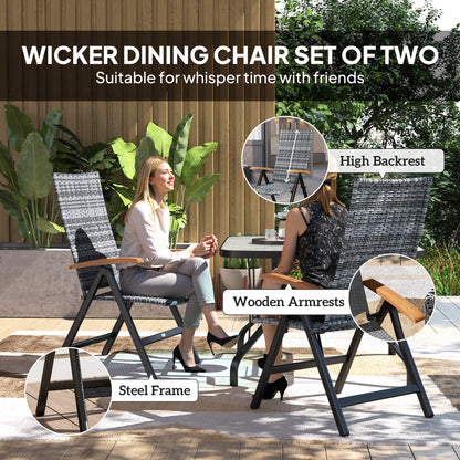 Nihara Rattan Light Grey Folding Garden Dining Chairs Set Of 2 With Reclining Back And Wooden Armrests