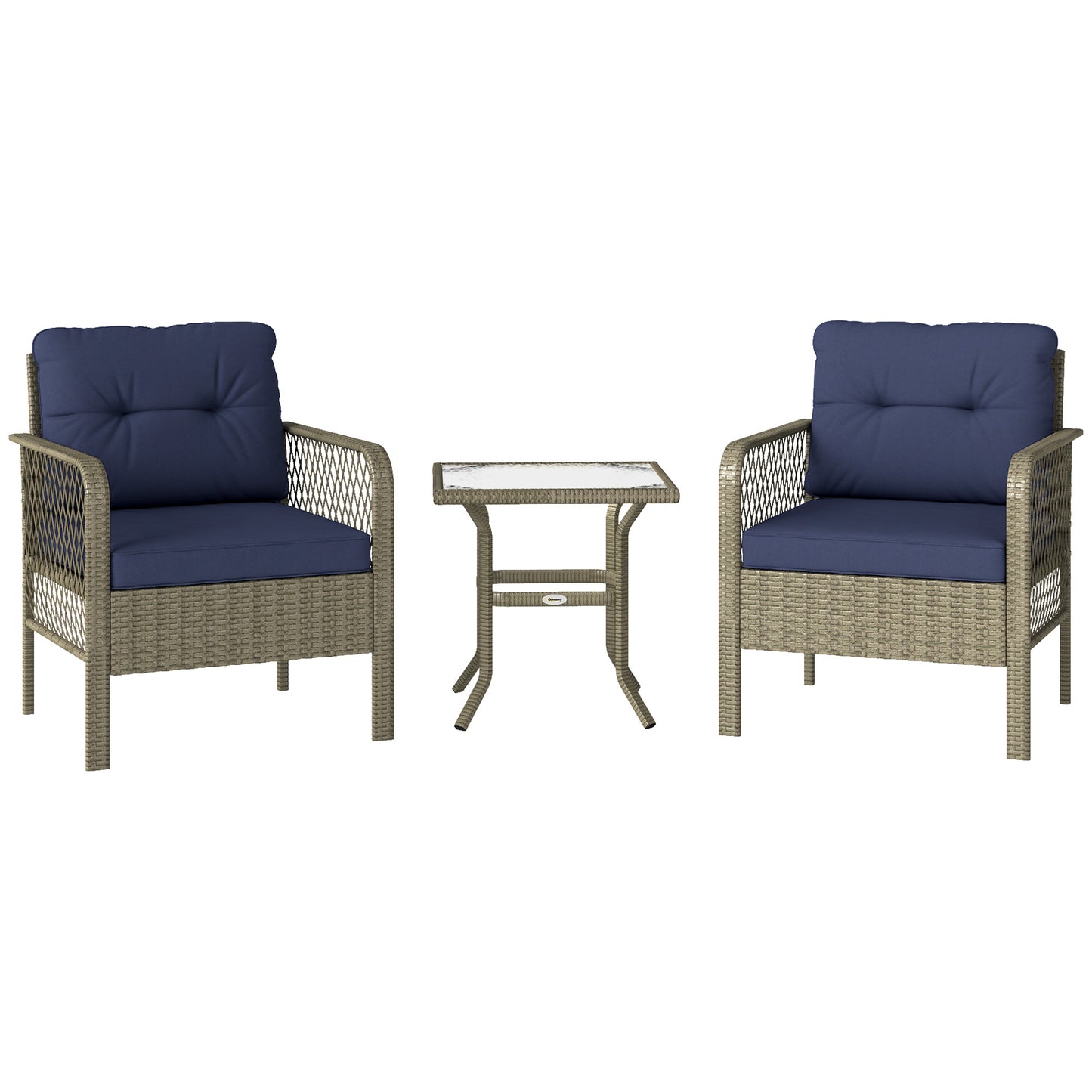 Doli Grey Rattan and Blue Fabric 3 Piece Bistro Set with Glass Coffee Table