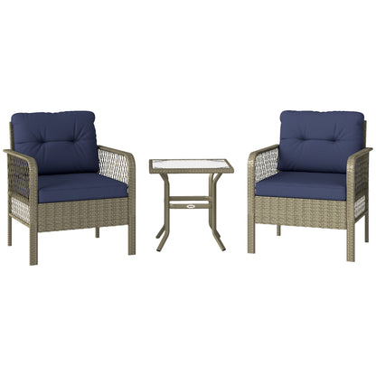 Doli Grey Rattan and Blue Fabric 3 Piece Bistro Set with Glass Coffee Table