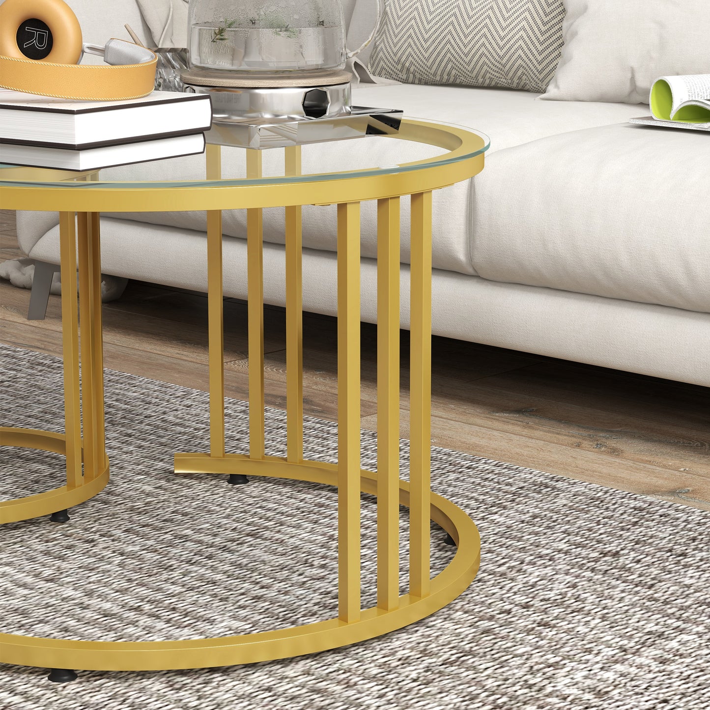 Livi Metal Gold And Glass Set Of 2 Stripe Round Nesting Coffee Tables
