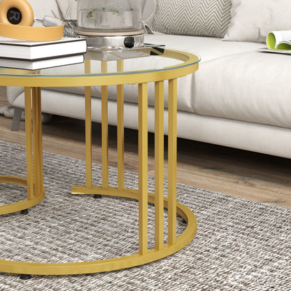 Livi Metal Gold And Glass Set Of 2 Stripe Round Nesting Coffee Tables