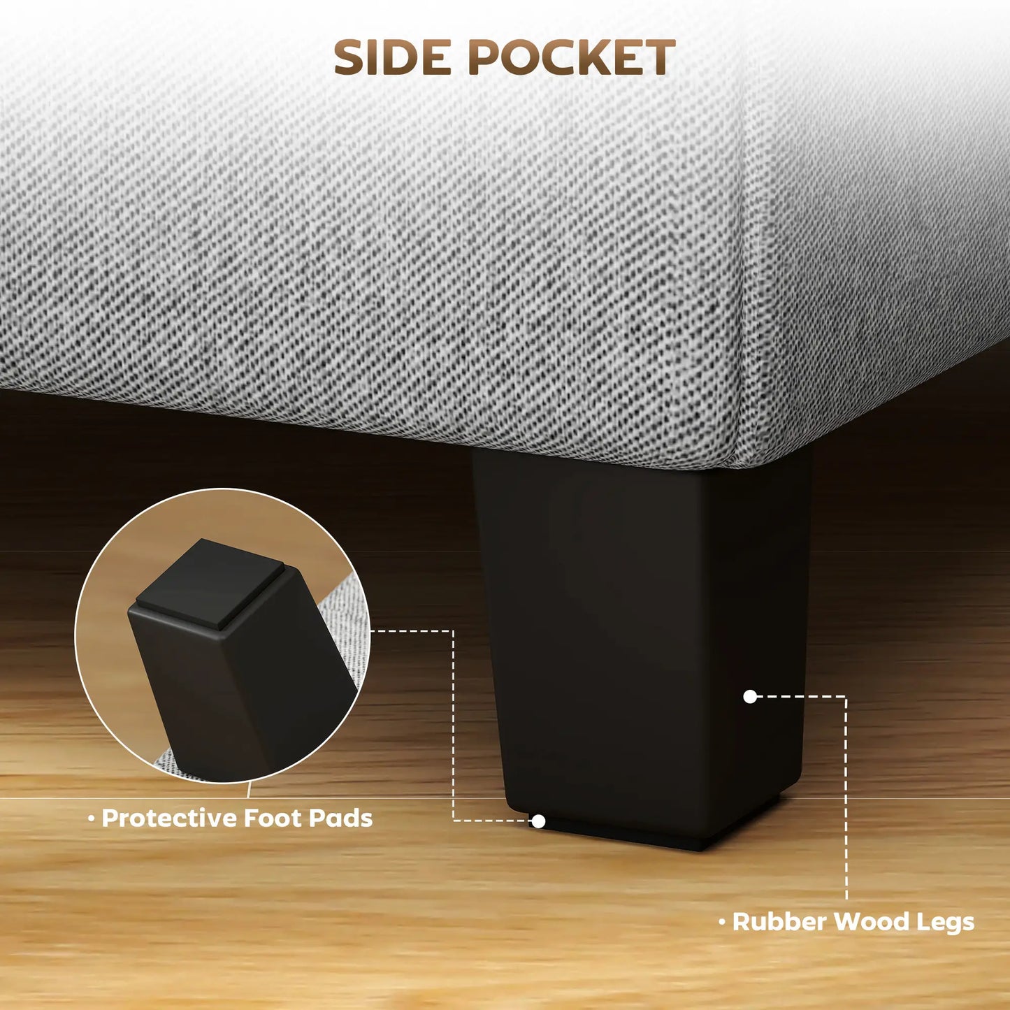 Linen Light Grey Compact Square Footstool With Side Pocket And Black Wooden Legs