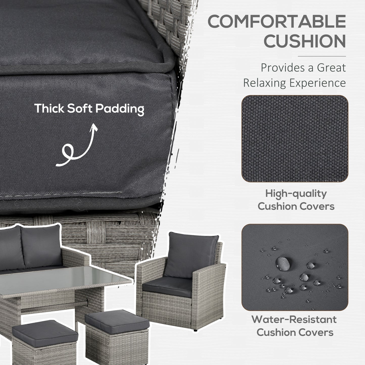 Rerira Mixed Grey Rattan 7 Seater Outdoor Sofa Set With Glass Top Coffee Table