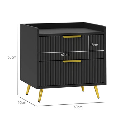 Veha Black Set Of 2 Elegant Ribbed 2 Drawer Bedside Tables Gold Handles
