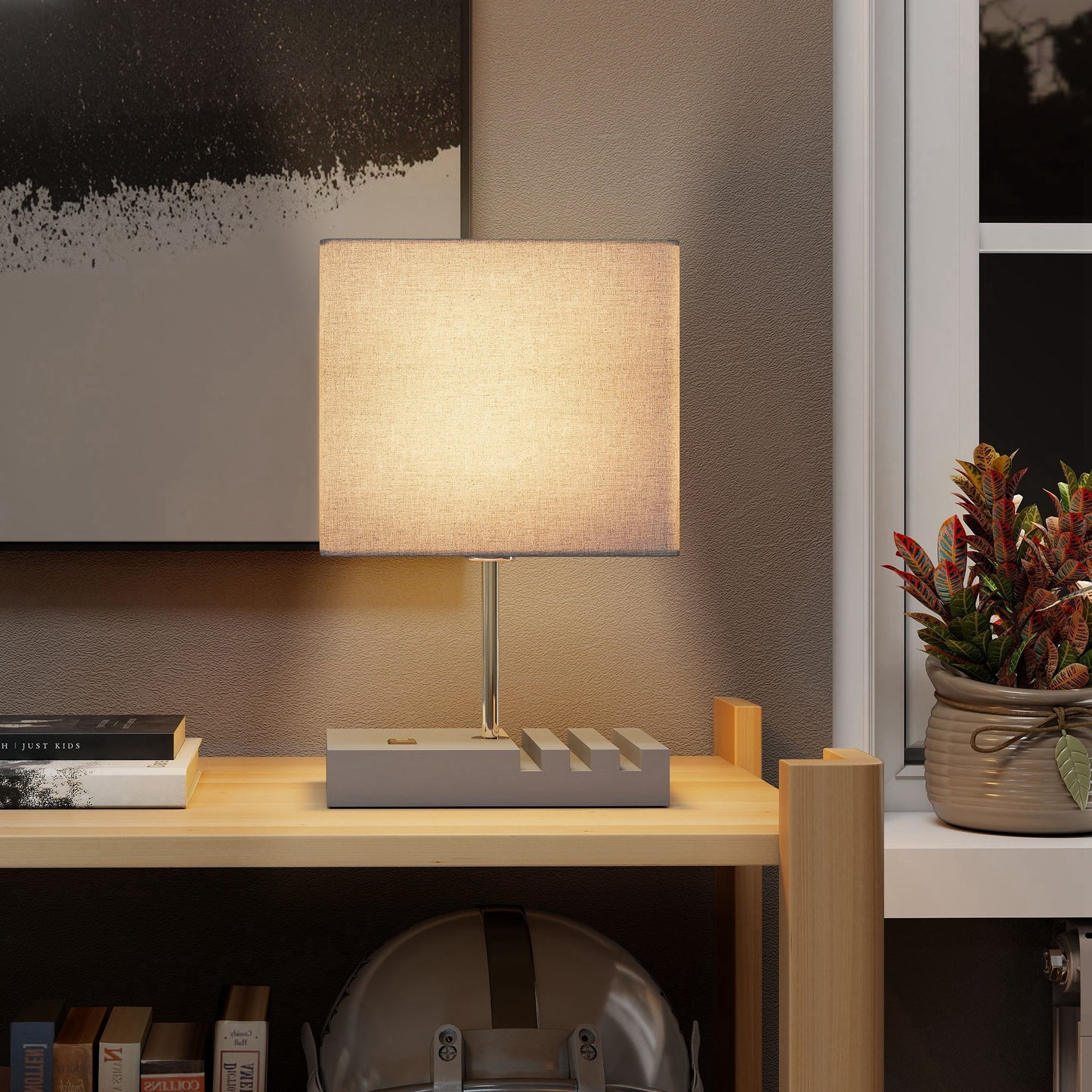Kata Wood And Fabric Grey Bedside Table Lamp With USB Charging Ports Phone Stands And Fabric Shade