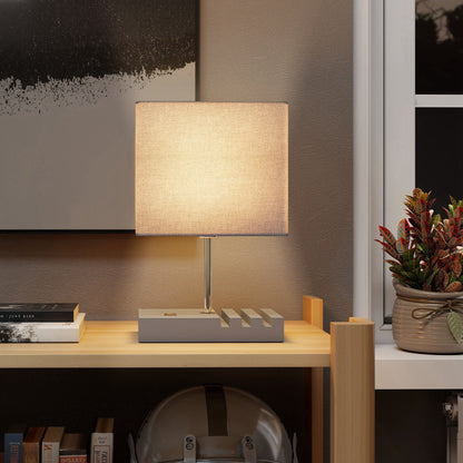 Kata Wood And Fabric Grey Bedside Table Lamp With USB Charging Ports Phone Stands And Fabric Shade