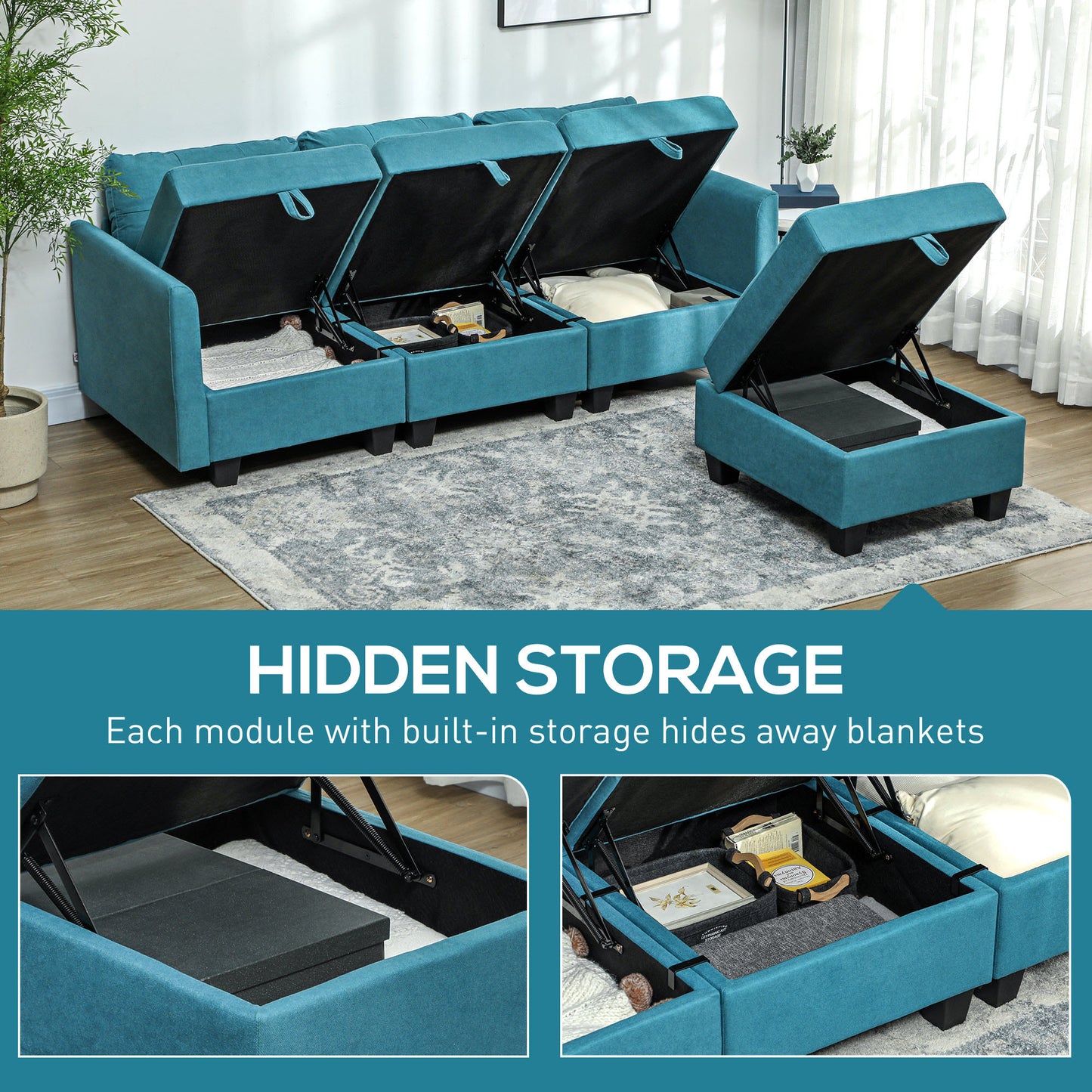 Torono Light Blue Upholstered Modular L Shaped Sofa With Built In Storage