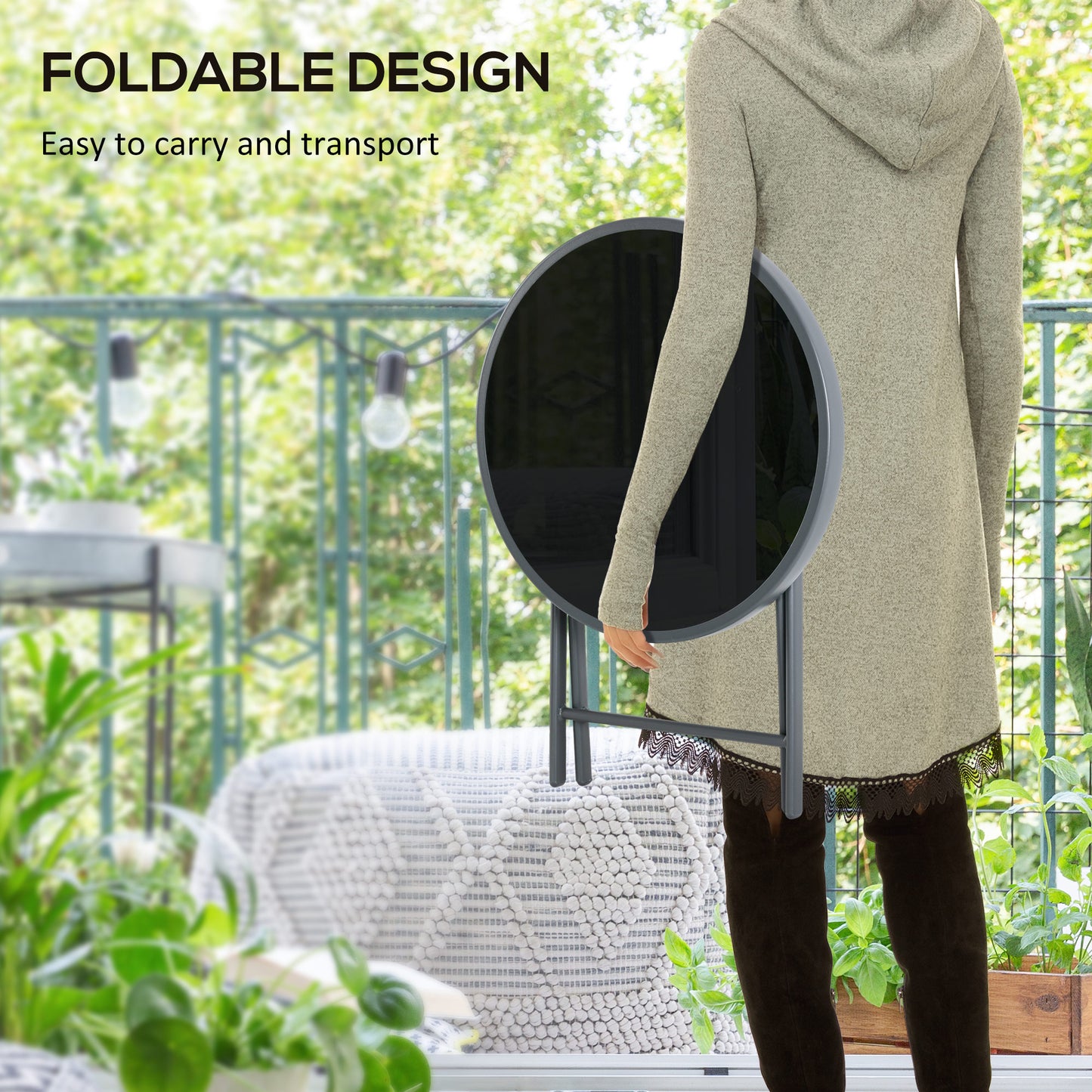 Laparo Metal And Glass Black Folding Outdoor Side Table 45cm With Marble Effect Top