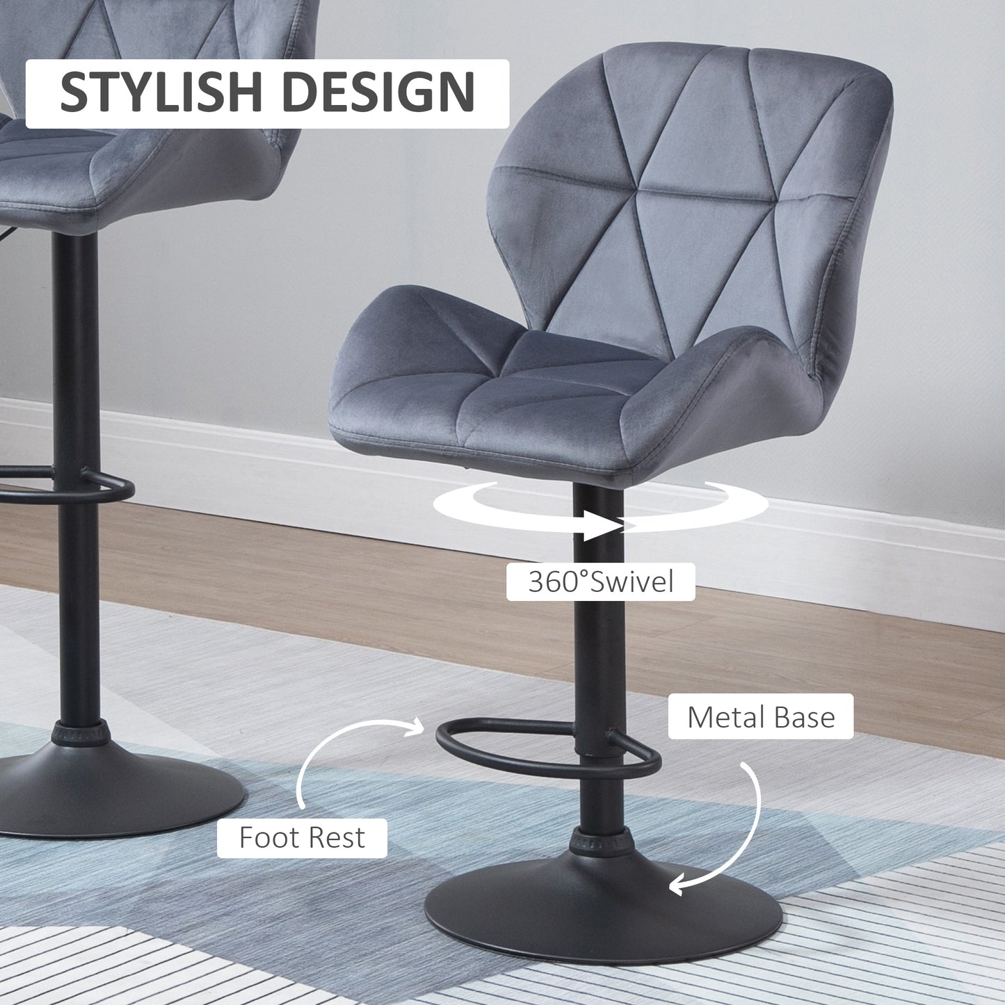 Samori Set Of 2 Upholstered Dark Grey Adjustable Swivel Bar Stools With Back Support