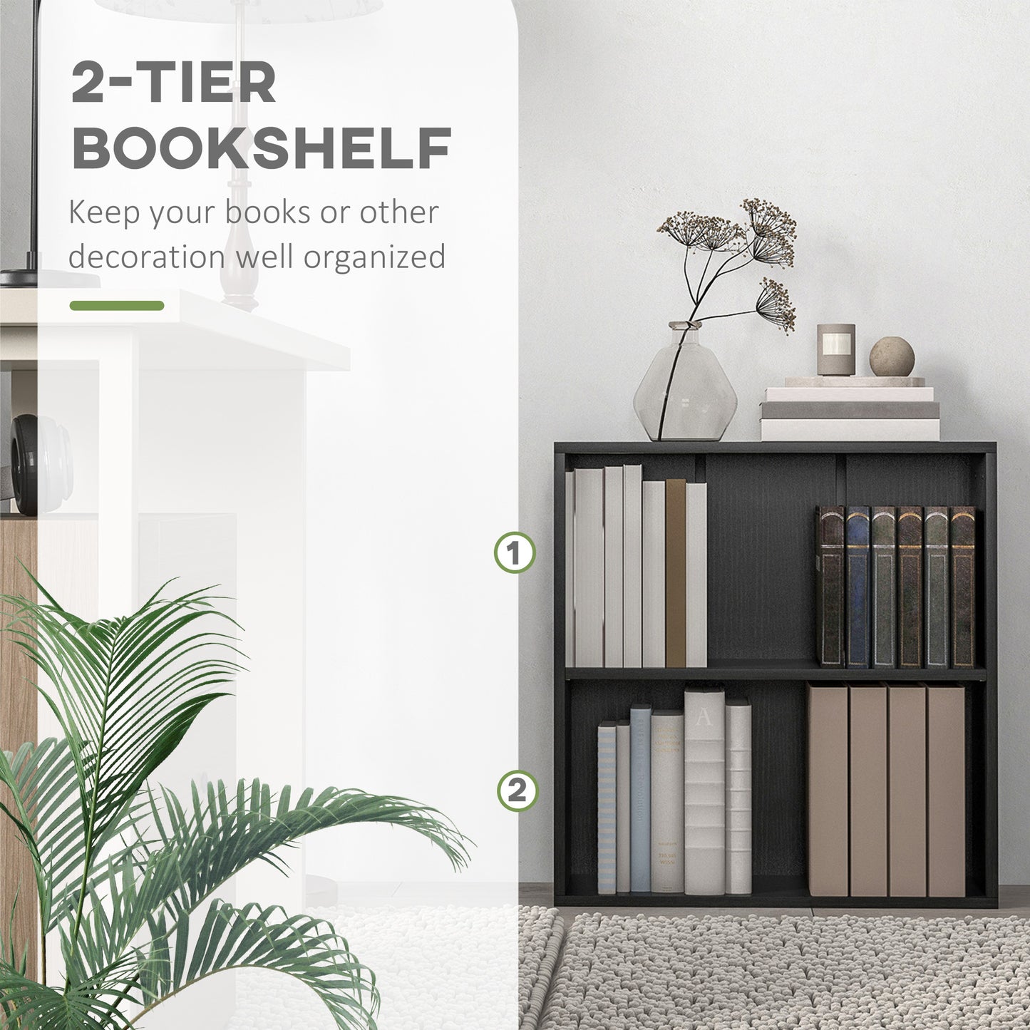 Roco Kepa Wood Black Low 2 Tier Bookcase With Adjustable Shelves