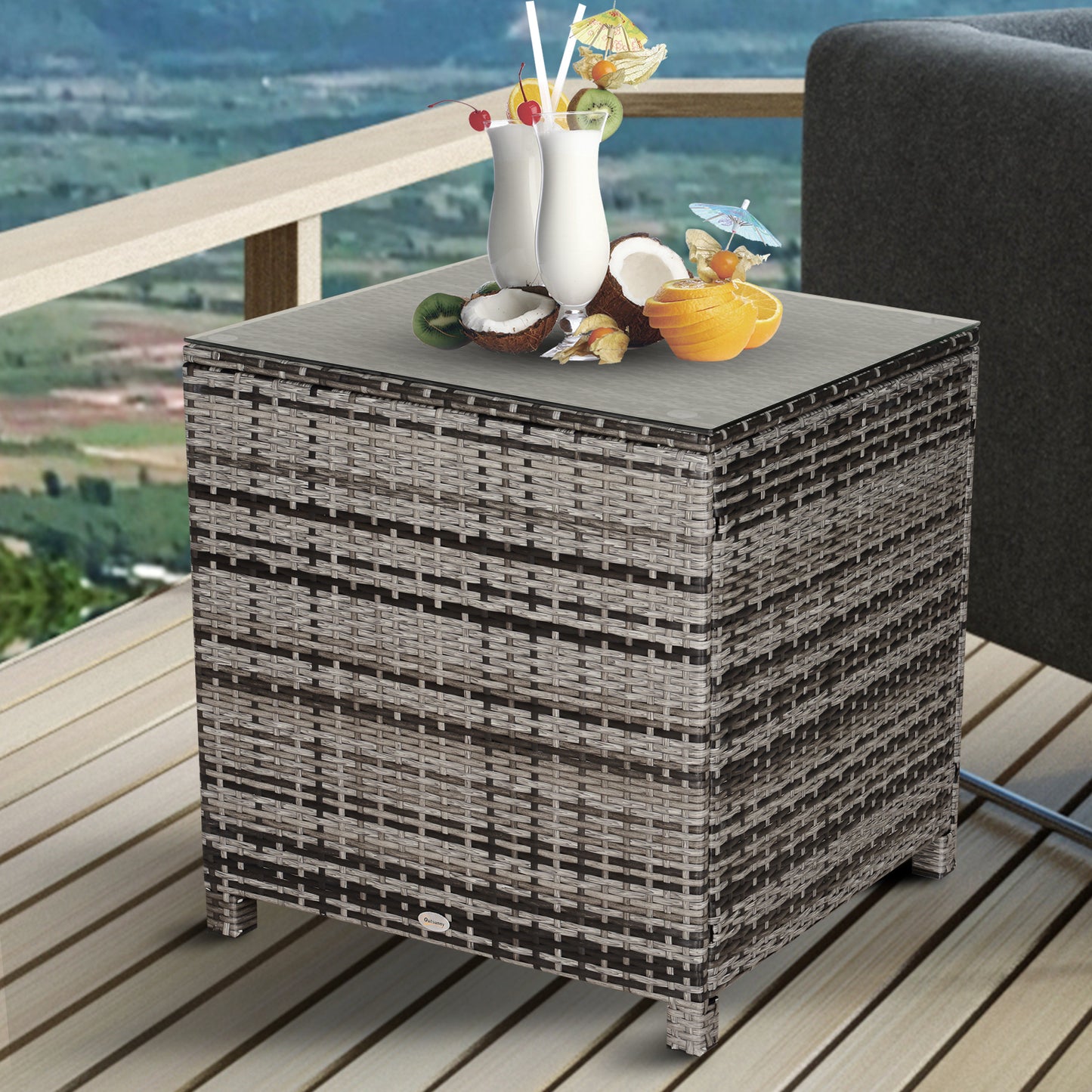 Mael Nimo Faux Rattan Grey Square Outdoor Garden Table With Glass Top