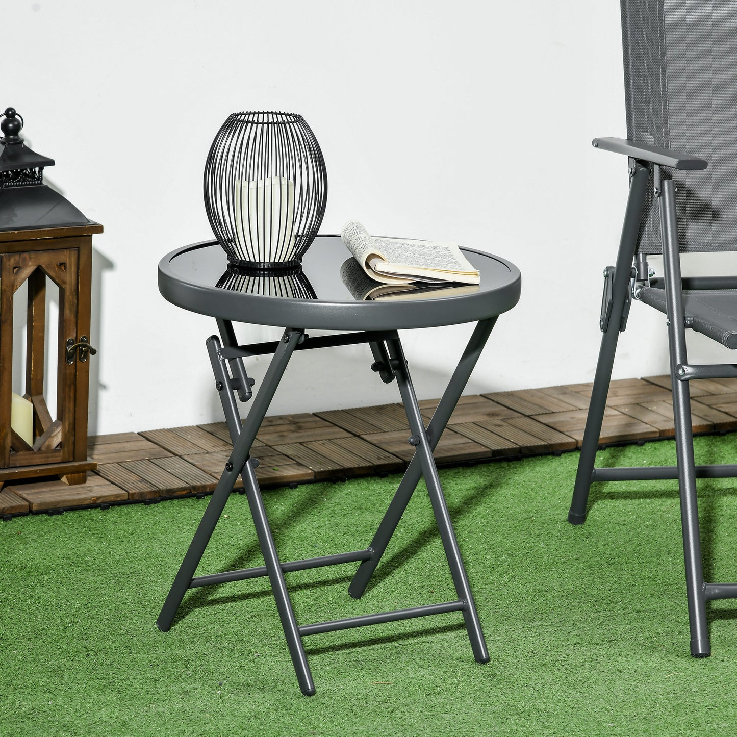 Laparo Metal And Glass Black Folding Outdoor Side Table 45cm With Marble Effect Top