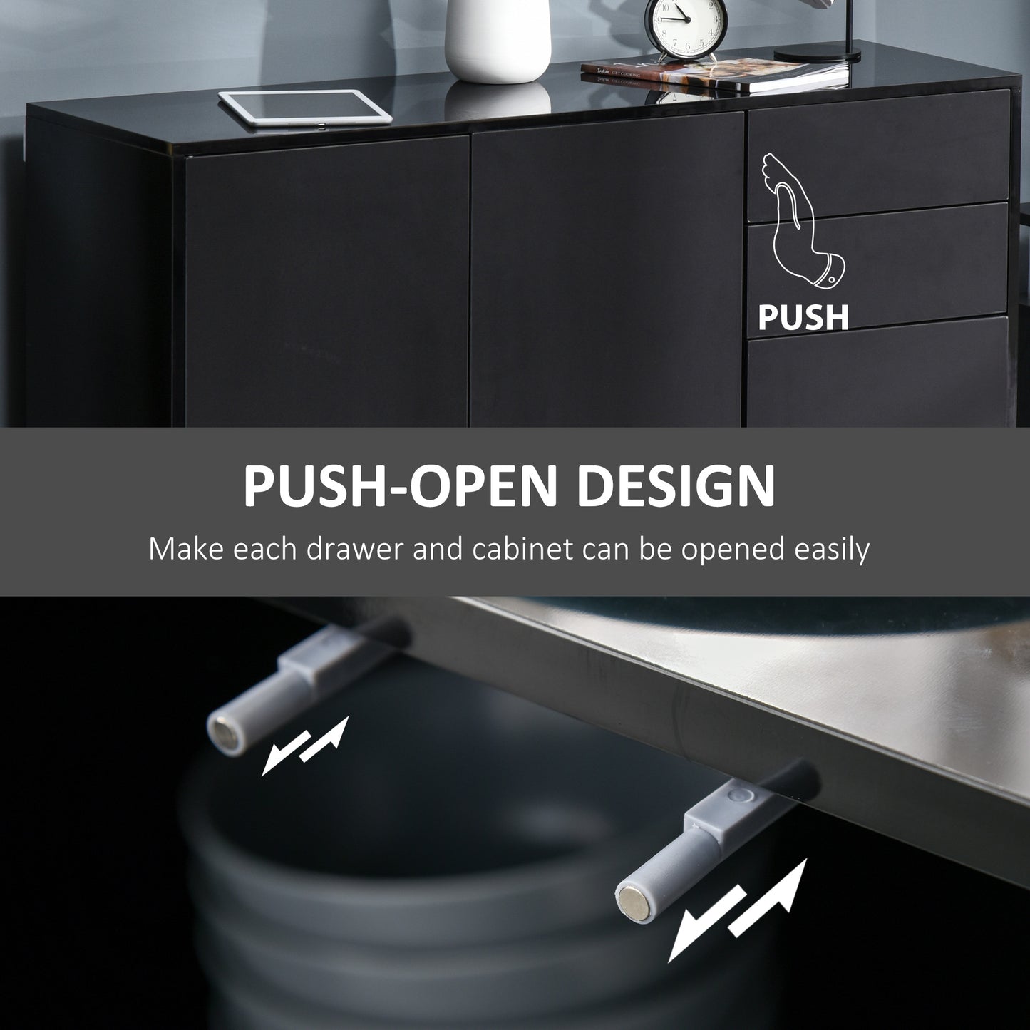 Lino High Gloss Black Sideboard With Push Drawers And 3 Doors