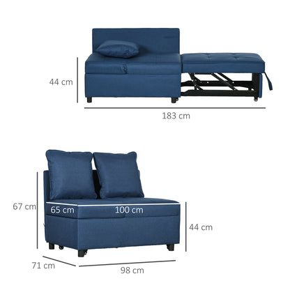 Sumima Fabric Blue 3 In One Convertible Single Sofa Bed With 5 Position Adjustable Back