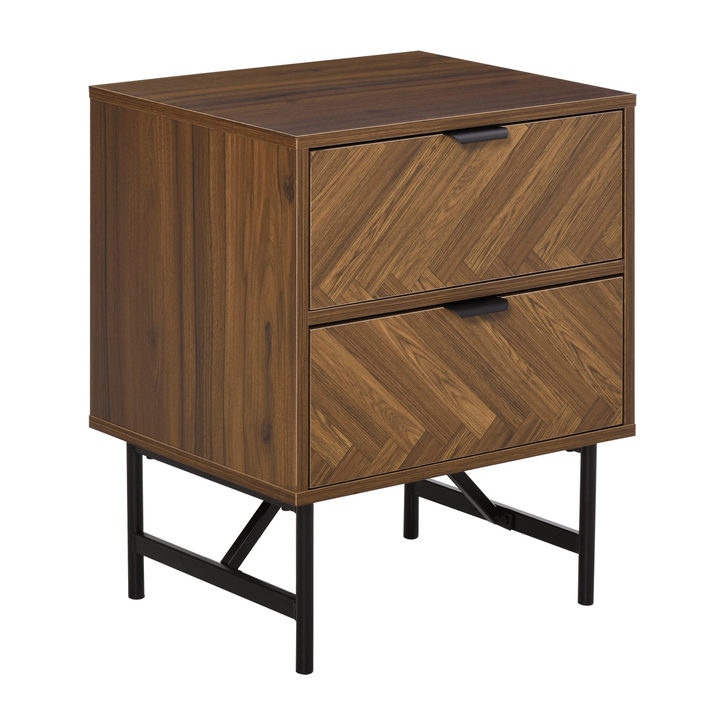 Lipana Wood Walnut Brown 2 Drawer Bedside Table With Metal Handle Detail
