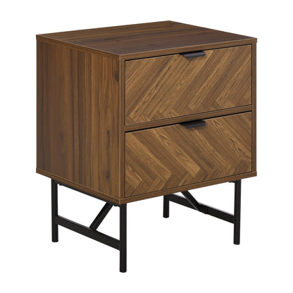 Lipana Wood Walnut Brown 2 Drawer Bedside Table With Metal Handle Detail
