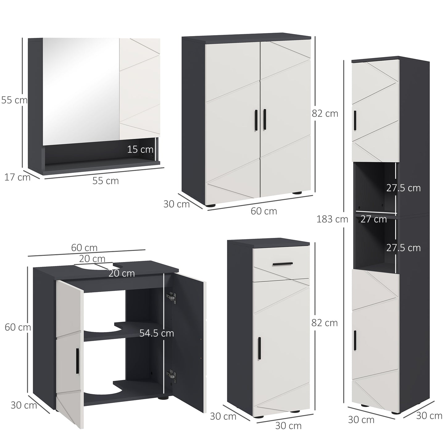 Elva 5 Piece Bathroom Furniture Set With Tall Cabinets Mirror And Pedestal Sink Storage Grey
