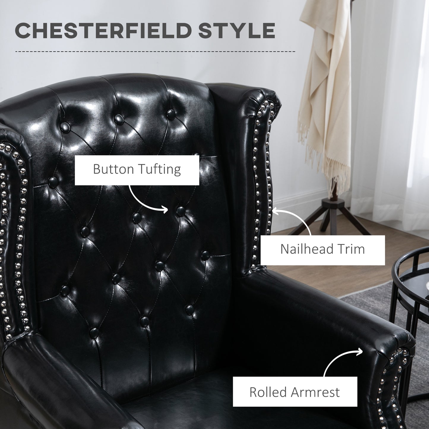 Nana Bafa Black Wingback Accent Chair With Chesterfield Style Tufting And Nail Head Trim