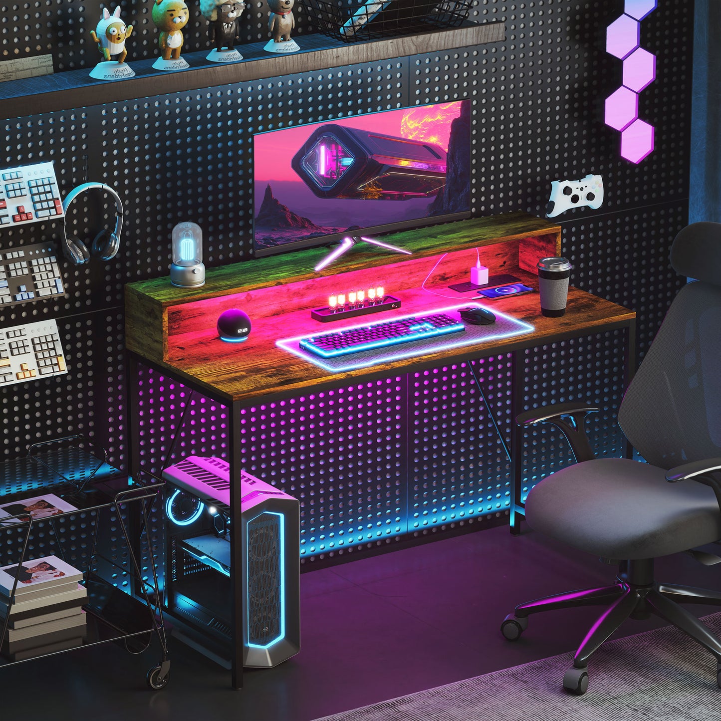 Hanive 120cm Rustic Brown Gaming Desk With LED Lights Power Outlets And Monitor Stand