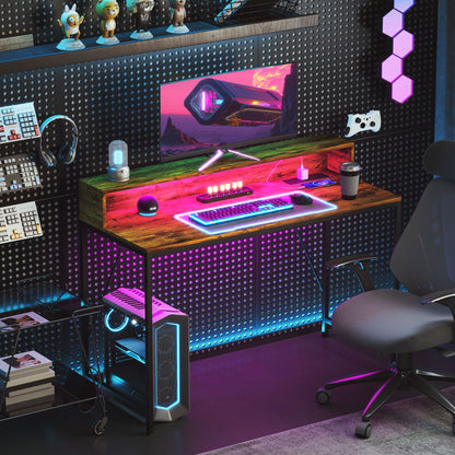 Hanive 120cm Rustic Brown Gaming Desk With LED Lights Power Outlets And Monitor Stand