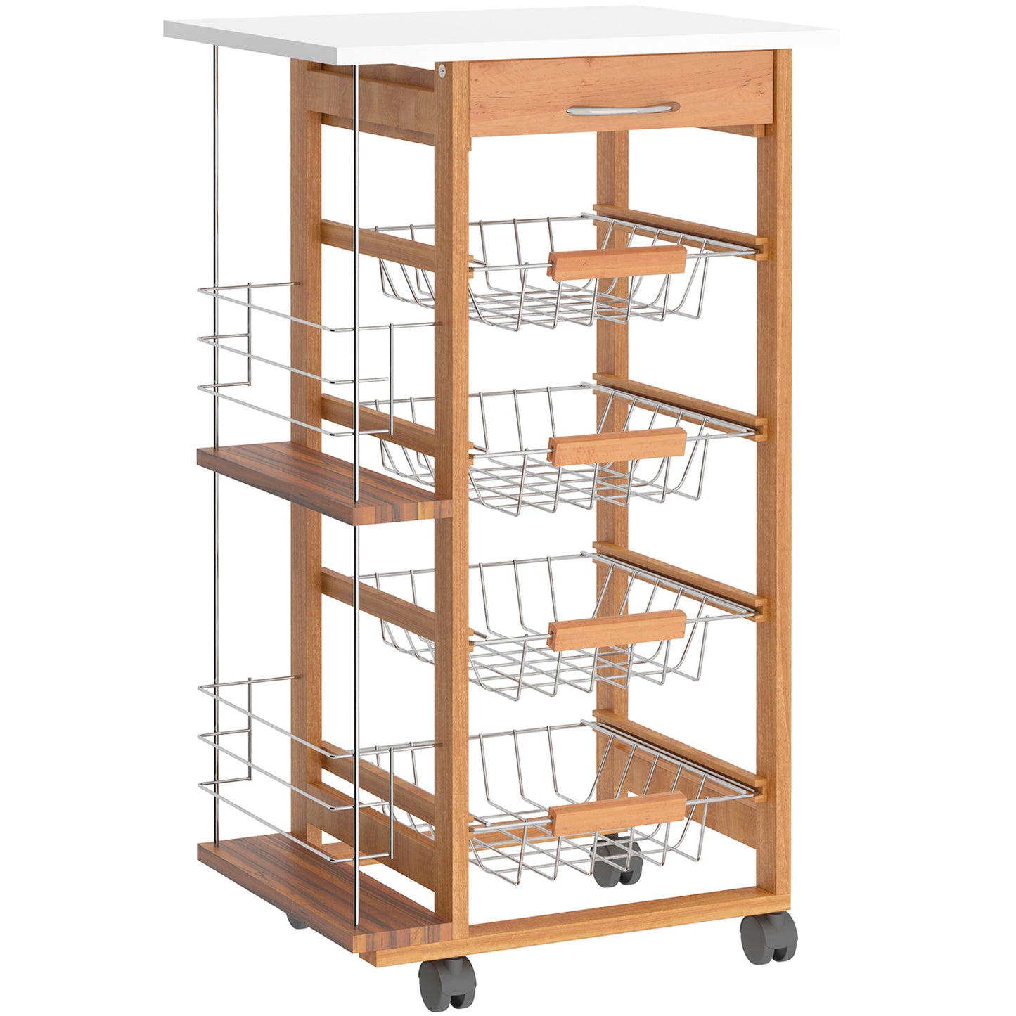 Domo Natural Wood Rolling Kitchen Cart With 4 Basket Drawers And Side Racks