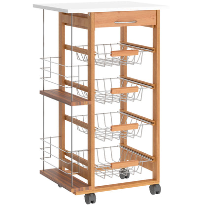 Domo Natural Wood Rolling Kitchen Cart With 4 Basket Drawers And Side Racks