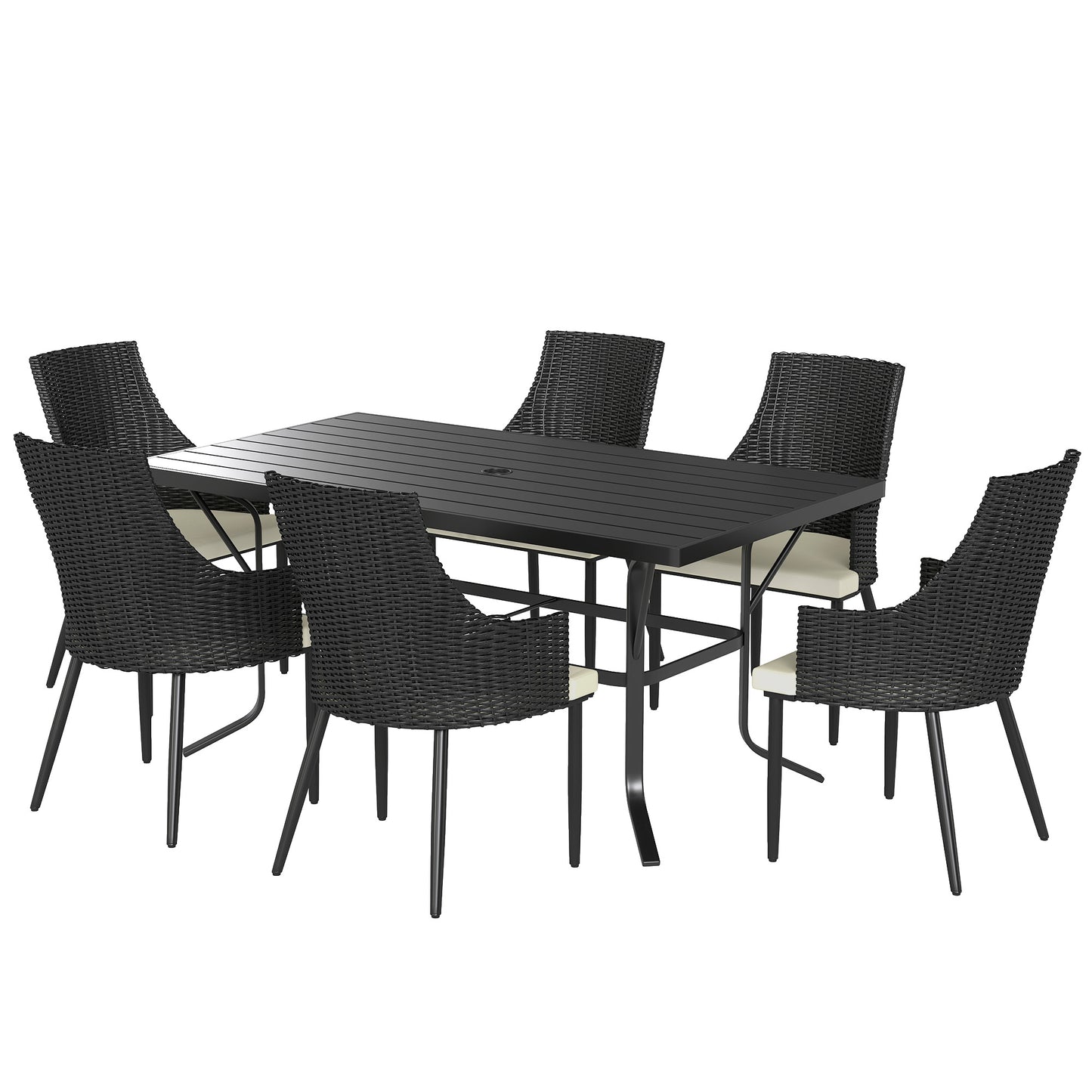 Paluve Black Rattan 6 Seater Outdoor Dining Set with Slatted Table Parasol Hole