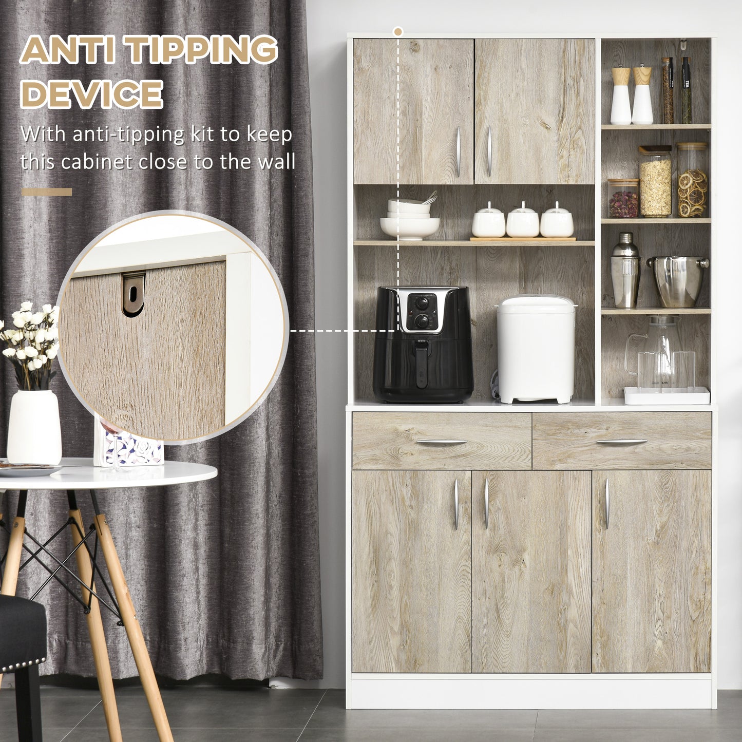 Dosefa Mita Wooden White Kitchen Sideboard With Countertop Drawers And Adjustable Shelves