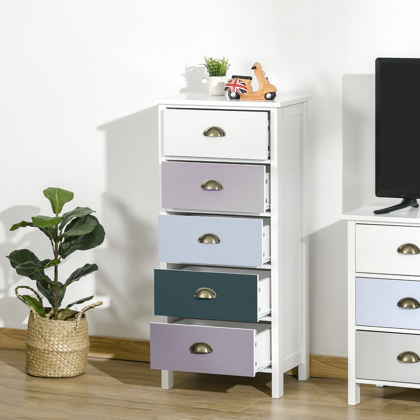 Sanido Multicolour Metal And Fabric Blue Slim 5 Drawer Storage Chest