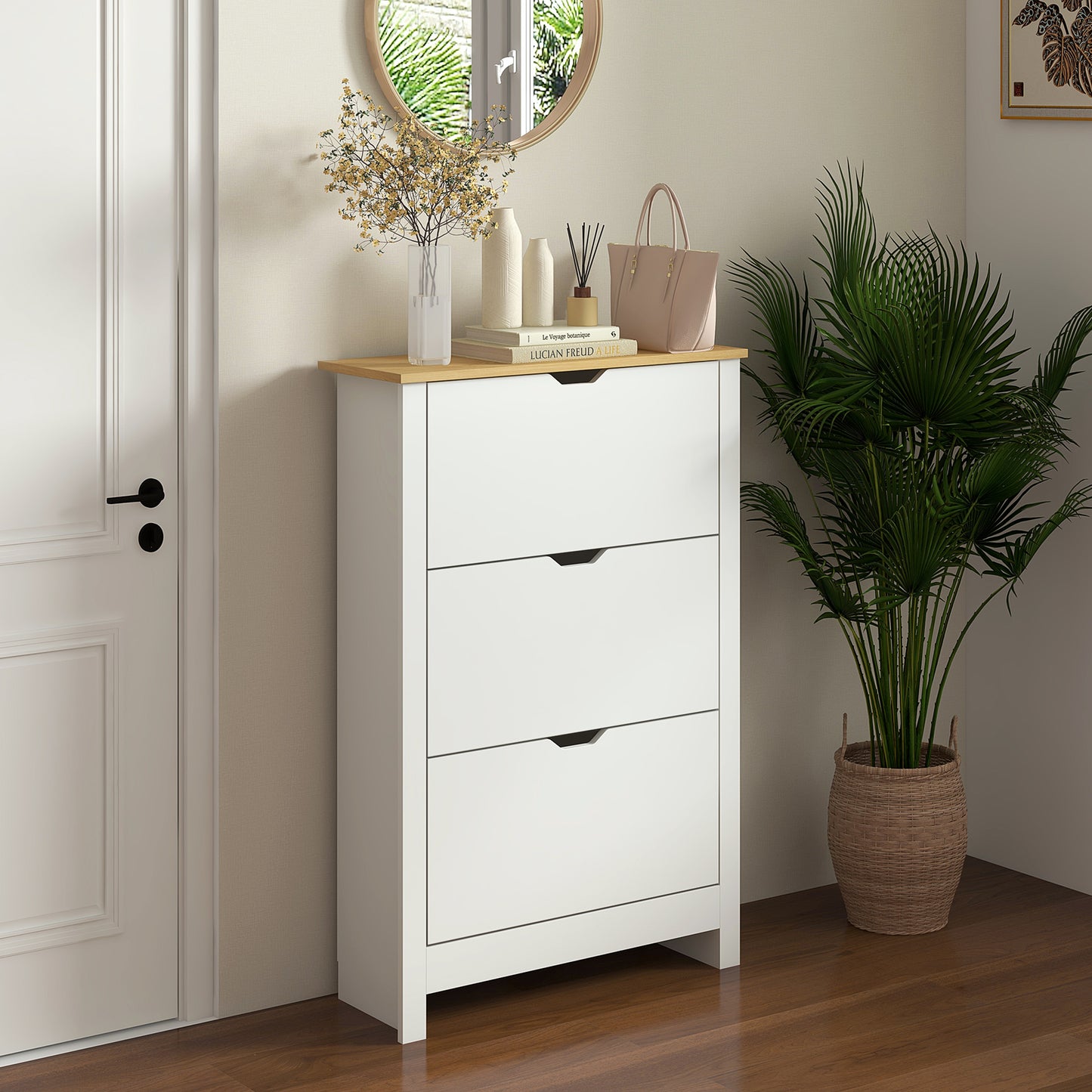 Rokeha Wooden White and Natural Narrow Shoe Cupboard With 3 Flip Drawers For 18 Pairs