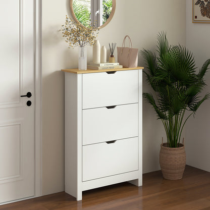 Rokeha Wooden White and Natural Narrow Shoe Cupboard With 3 Flip Drawers For 18 Pairs