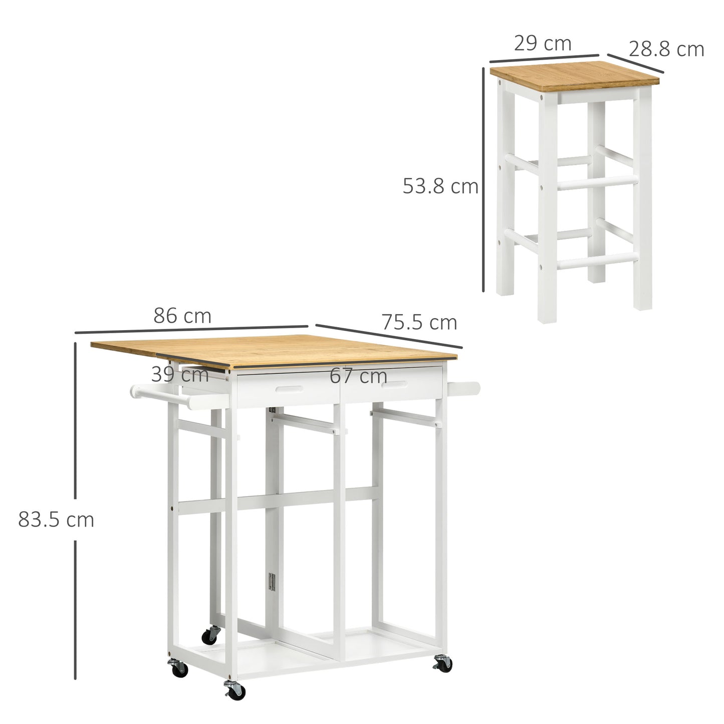 Elvami Vafa Wooden White Kitchen Island Set With 2 Stools Drop Leaf Top Drawers And Towel Rack